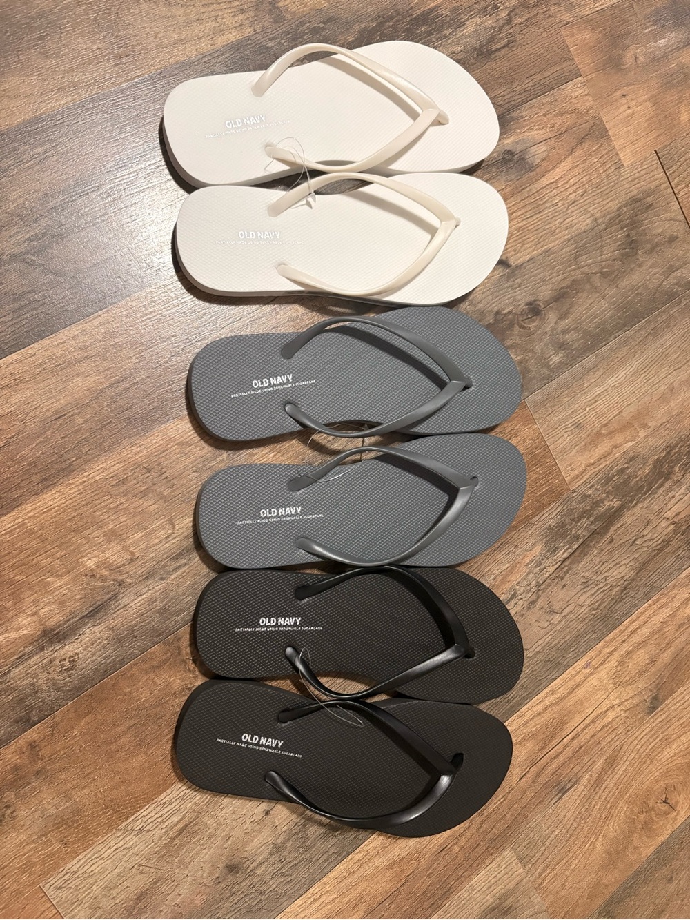 Old Navy Flip Flops Trio in white, Gray, and Black